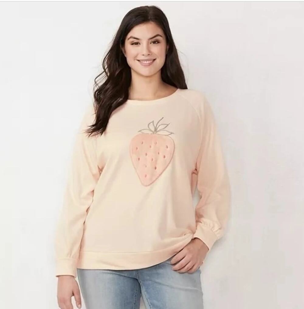 Lauren Conrad Womens XXL Strawberry Sweatshirt Pink Coquette Cottagecore Cute